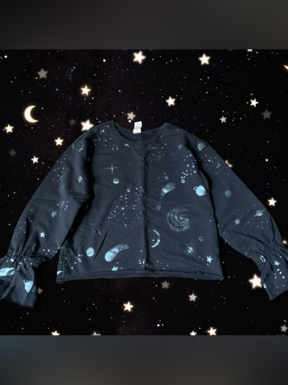 Girls Galaxy Print Black Crewneck Sweatshirt with Ruffle Sleeves
